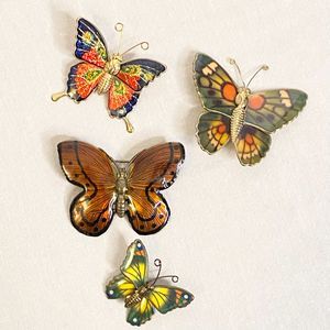 Butterfly Brooches Set Of Four Colorful Enamel On Thin Gold Tone Metal